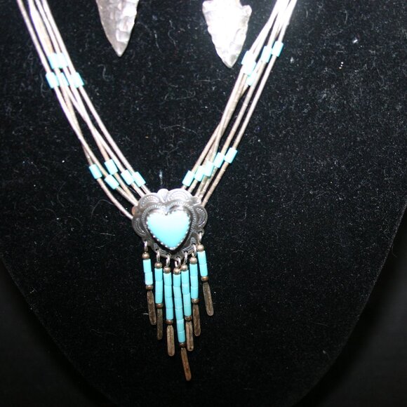 Liquid Silver Beads & Turquoise Southwest Necklace & Earring Set B-188 - Picture 7 of 7